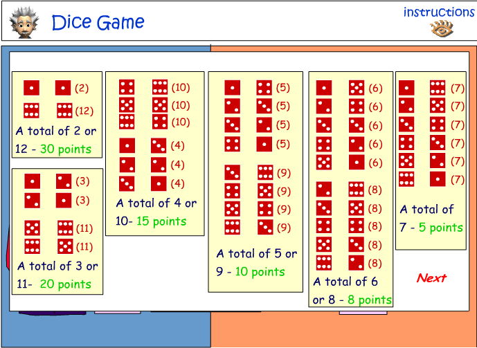 Combinations using dice