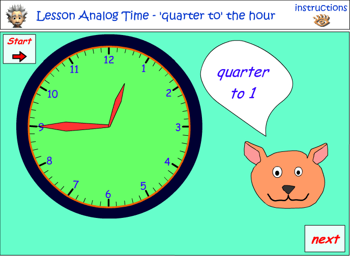 Reading a clock- Quarter past and quarter to the hour - type 2