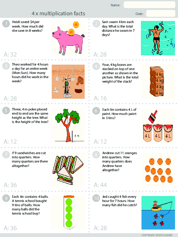 4x Tables problem Solving Answer Sheet Studyladder Interactive 