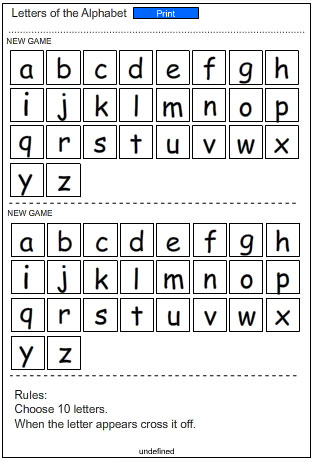 Bingo Game Card: Letters of the Alphabet