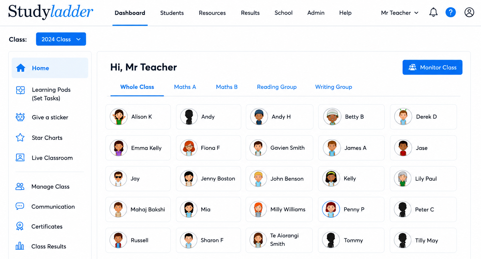 Studyladder dashboard, the same view your tutoring students will see
