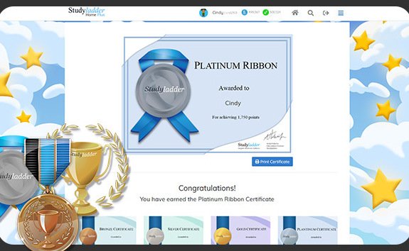 Studyladder student earning a Platinum Ribbon certificate